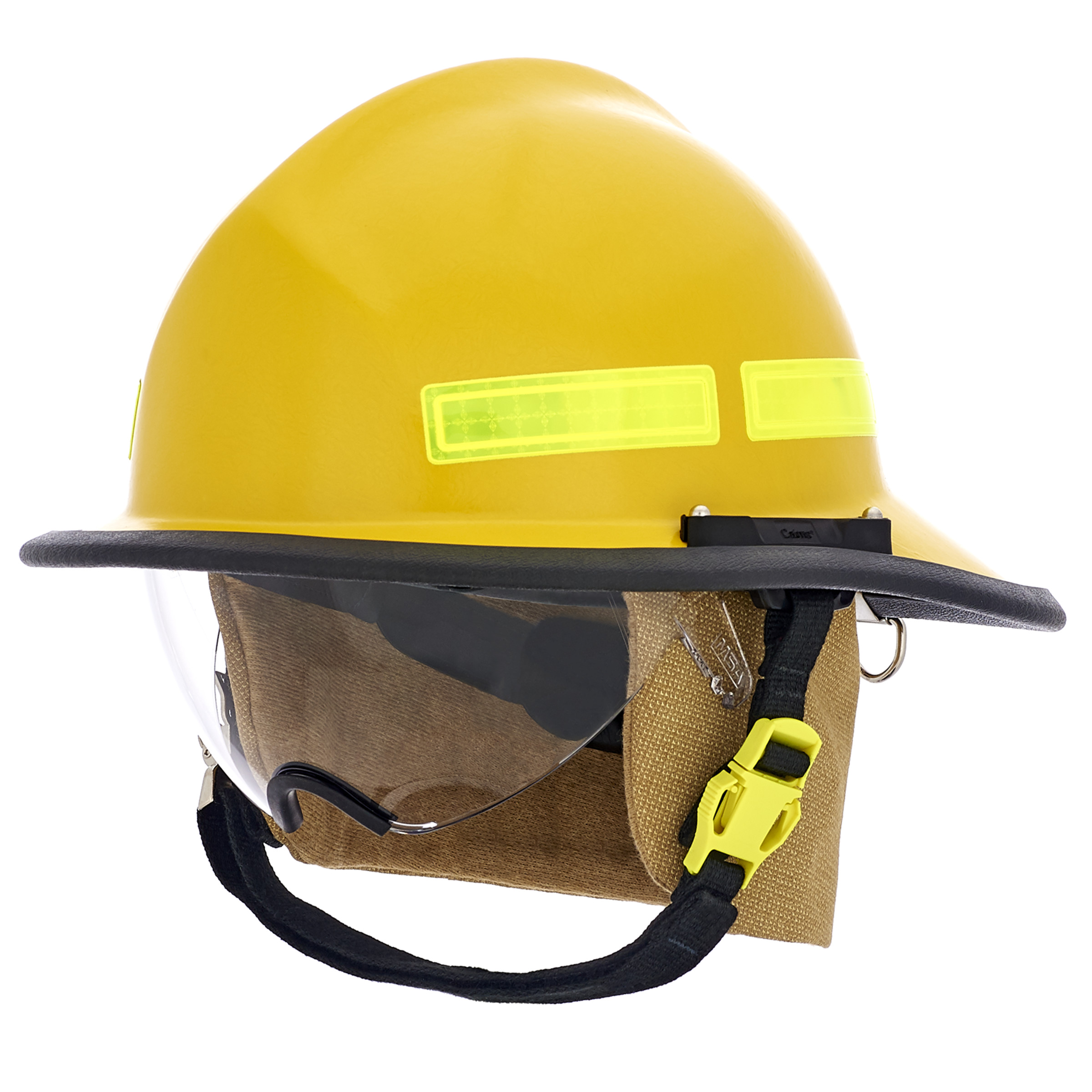 Cairns 664 w/ Defender, Yellow, Deluxe Leather w/ Crown Pad, PBI/Kevlar Earlap, Nomex Chinstrap w/ Quick Release & Postman Slide, Lime/Yellow Reflexite, Bar